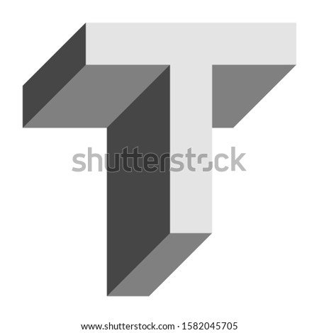 Letters and numbers - isometric cubic font 3d, front top down left view - bright gray letter T - vector illustration