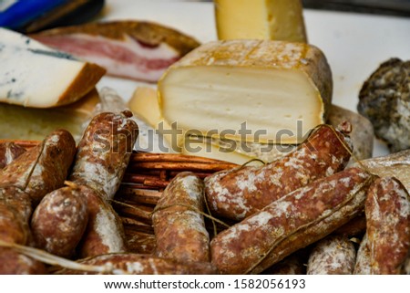 Close up on Italian salami with delicious fresh cheese in the background.