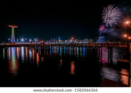 Fireworks viewed from the Coney Island Pier, Brooklyn, NY, USA