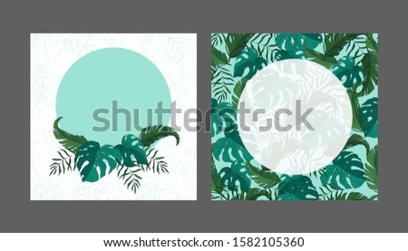 Set of templates for postcards with tropical leaves.