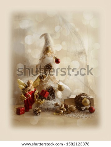 still life  -  postcard with a Christmas composition with branches and Christmas decorations on a window background.