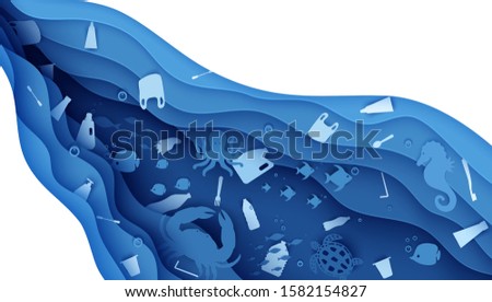 Stop ocean plastic pollution banner design template in paper cut style. Papercut butterfly fish, seahorse, moonfish, turtle, crab, octopus and plastic trash. Vector World Oceans Day concept