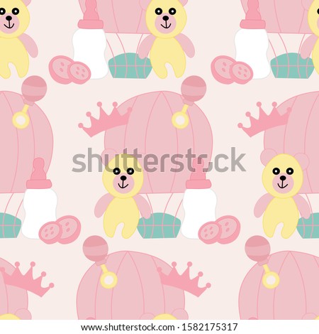 Pattern design with pink and yellow baby girl toys, perfect to use on the web or in print