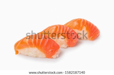 Salmon sushi on white background.