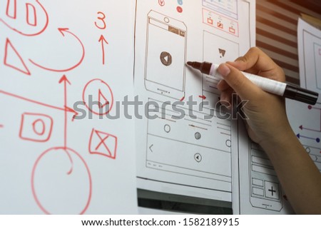 woman design engineer for ux architect template framework layout developer project mobile application on wall paper work in office with pen. Planning of development in program website interface ideas
