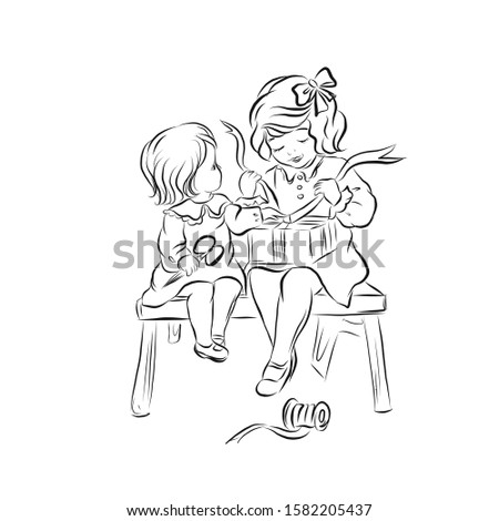 Two little girls pack gifts sitting on bench. Preparation for the holiday. Coloring page. 