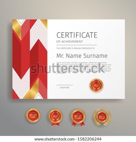 Modern simple certificate in red and gold color with gold badge and border vector template
