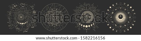 Vector illustration set of moon phases. Different stages of moonlight activity in vintage engraving style. Zodiac Signs Royalty-Free Stock Photo #1582216156