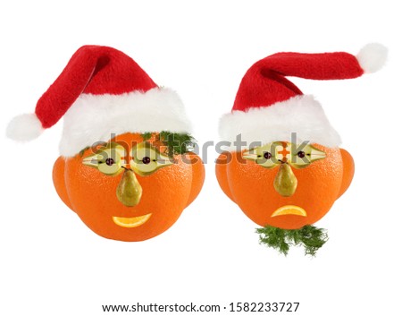 Creative set of food concept. Few  funny portraits of a Santa Clauses from vegetables and fruits.