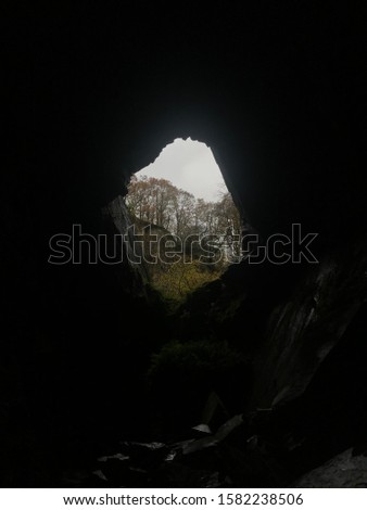 Picture taken from cave through gap in rocks to show forest from afar 