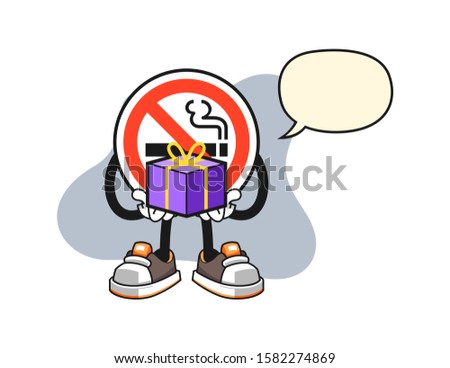 No smoking sign give a gift with speech bubble cartoon. Mascot Character vector.