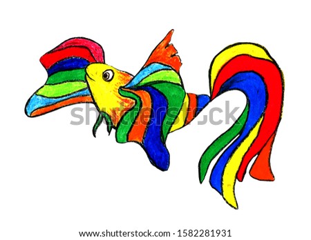 Children's drawing style, colored pencils, pastels, bright multi-colored fish with a long tail. Striped sea dweller with large fins on a white background. Image for design t-shirts, textiles, paper.