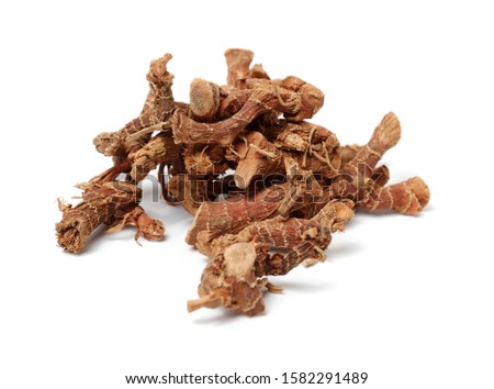 Dry Galangal root on white background stock photo