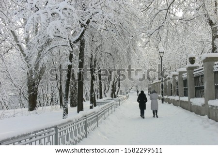 Alley of a snowy winter park with two women walking along it