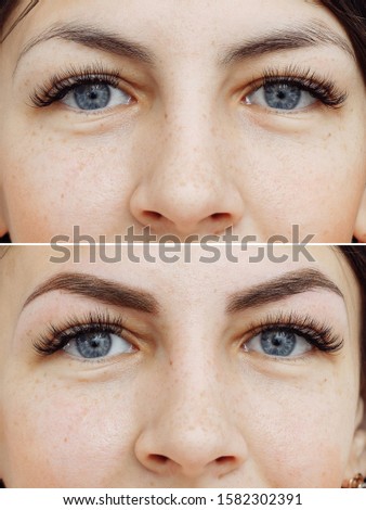 Photo comparison before and after permanent makeup, tattooing of eyebrows for woman in beauty salon