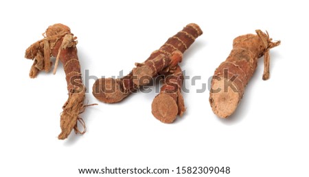 Dry Galangal root on white background stock photo
