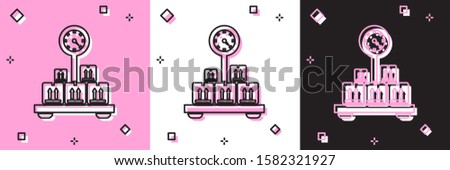 Set Scale with cardboard box icon isolated on pink and white, black background. Logistic and delivery. Weight of delivery package on a scale.  Vector Illustration