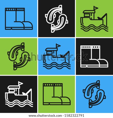 Set line Fishing boots, Fishing boat with fishing rod on water and Fish icon. Vector