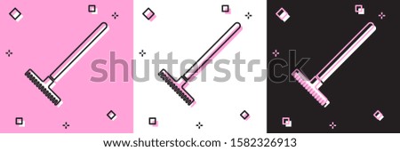 Set Garden rake icon isolated on pink and white, black background. Tool for horticulture, agriculture, farming. Ground cultivator. Housekeeping equipment.  Vector Illustration