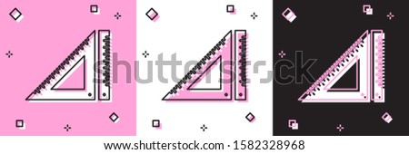 Set Triangular ruler icon isolated on pink and white, black background. Straightedge symbol. Geometric symbol.  Vector Illustration