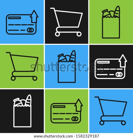 Set line Credit card, Paper shopping bag and food and Shopping cart icon. Vector