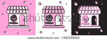 Set Pizzeria building facade icon isolated on pink and white, black background. Fast food pizzeria kiosk.  Vector Illustration