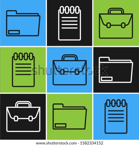 Set line Document folder, Briefcase and Notebook icon. Vector