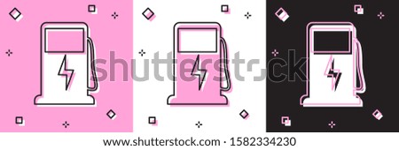 Set Electric car charging station icon isolated on pink and white, black background. Eco electric fuel pump sign.  Vector Illustration