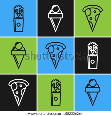 Set line Doner kebab, Slice of pizza and Ice cream in waffle cone icon. Vector