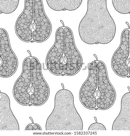Hand drawn pears  for antistress coloring page. Seamless pattern for coloring book. Illustration in zentangle style. Black and white background.