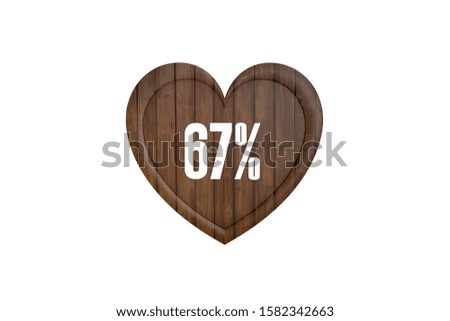 67 percent wooden heart isolated on white background, 3d illustration.
