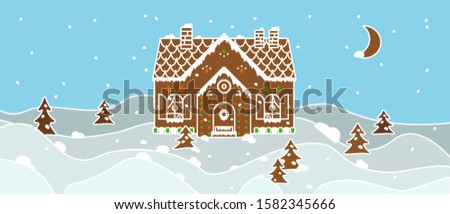 Merry christmas and happy new year. Landscape. Gingerbread house with icing and Christmas trees