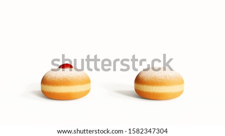 Traditional Polish, Croatian donuts isolated on white background, front view. Hanukkah Holiday 'sufganiyah' donut with jam, jelly, empty dough sweet dessert concept closeup. Glazed sugar powder donuts