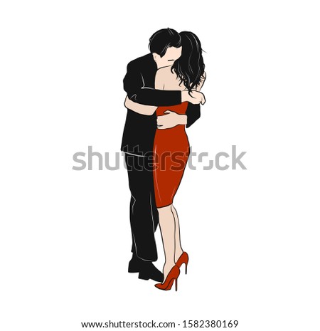 Couple of lovers. Man hugs a woman, a girl in an evening red dress and high-heeled shoes, guy in a black classic suit. Concept for Valentine's Day. 