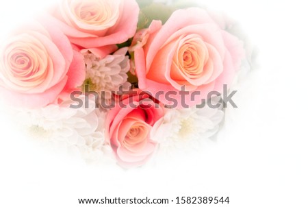 chrysanthemum and rose flowers top view with pale colored vigneting, natural background