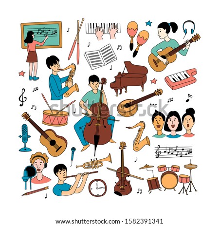 Music lessons with students different musical instruments guitar, flute, cello, violin ,saxophone in line icons clipart square background pattern. Vector illustration doodles in linear simple style.