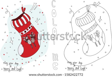Outline christmas sock with deers . Coloring. Black and white cartoon character. Vector illustration on white background. Merry Christmas coloring book. A game for children.