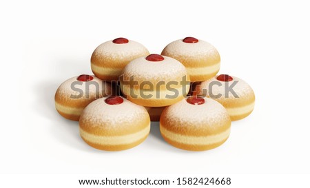 Traditional Hanukkah donuts with jelly, jam isolated on white background, front view. Stack of doughnuts, Fat Thursday Polish dessert background. Homemade donut closeup, Chanukah sweet sugar food.
