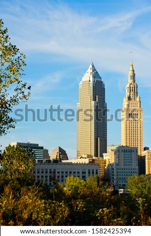 The Cleveland Ohio skyline with two of its major skyscrapers, the venerable Terminal Tower at right