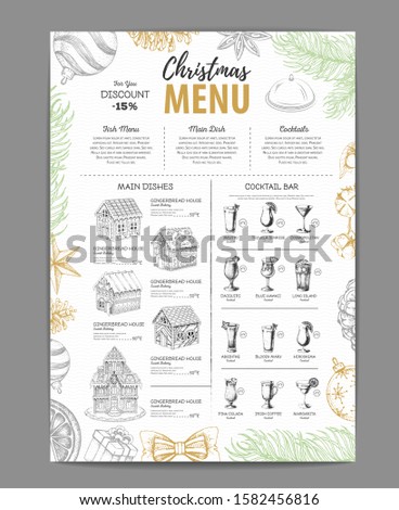 Christmas menu design with sweet gingerbread house and christmas cocktails