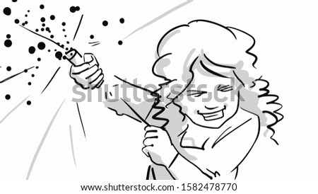 The girl exploding christmas confetti cracker. Black and white hand drawn sketch.