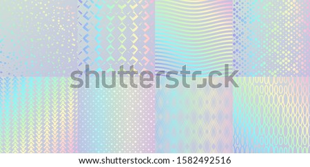 Holographic textures. Glitter foil confetti and metal rainbow gradient, pink and blue retro design. Vector trendy neon hologram with luminous patterns for elegant background logo or card Royalty-Free Stock Photo #1582492516