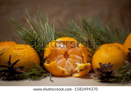 Tangerines with pine needles on a wooden background