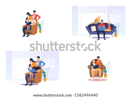 Family time set. Parents and children reading books, spending time together. Flat vector illustrations. Home weekend, leisure concept for banner, website design or landing webpage