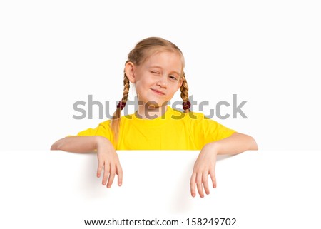 Girl holding white poster, space for text
