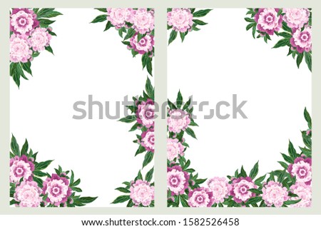 Wedding invitation card templates with pink peony flowers and copy space, vector illustration.