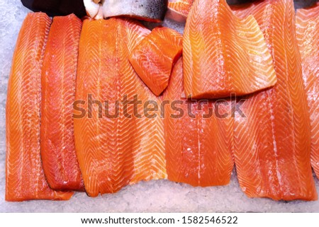 Close up of strips of fresh smoked salmon stock photo