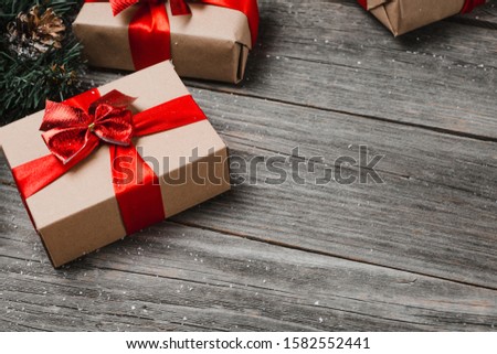 Christmas Presents Set On Rustic Wooden Surface