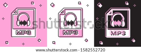 Set MP3 file document. Download mp3 button icon isolated on pink and white, black background. Mp3 music format sign. MP3 file symbol.  
