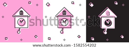 Set Retro wall watch icon isolated on pink and white, black background. Cuckoo clock sign. Antique pendulum clock.  